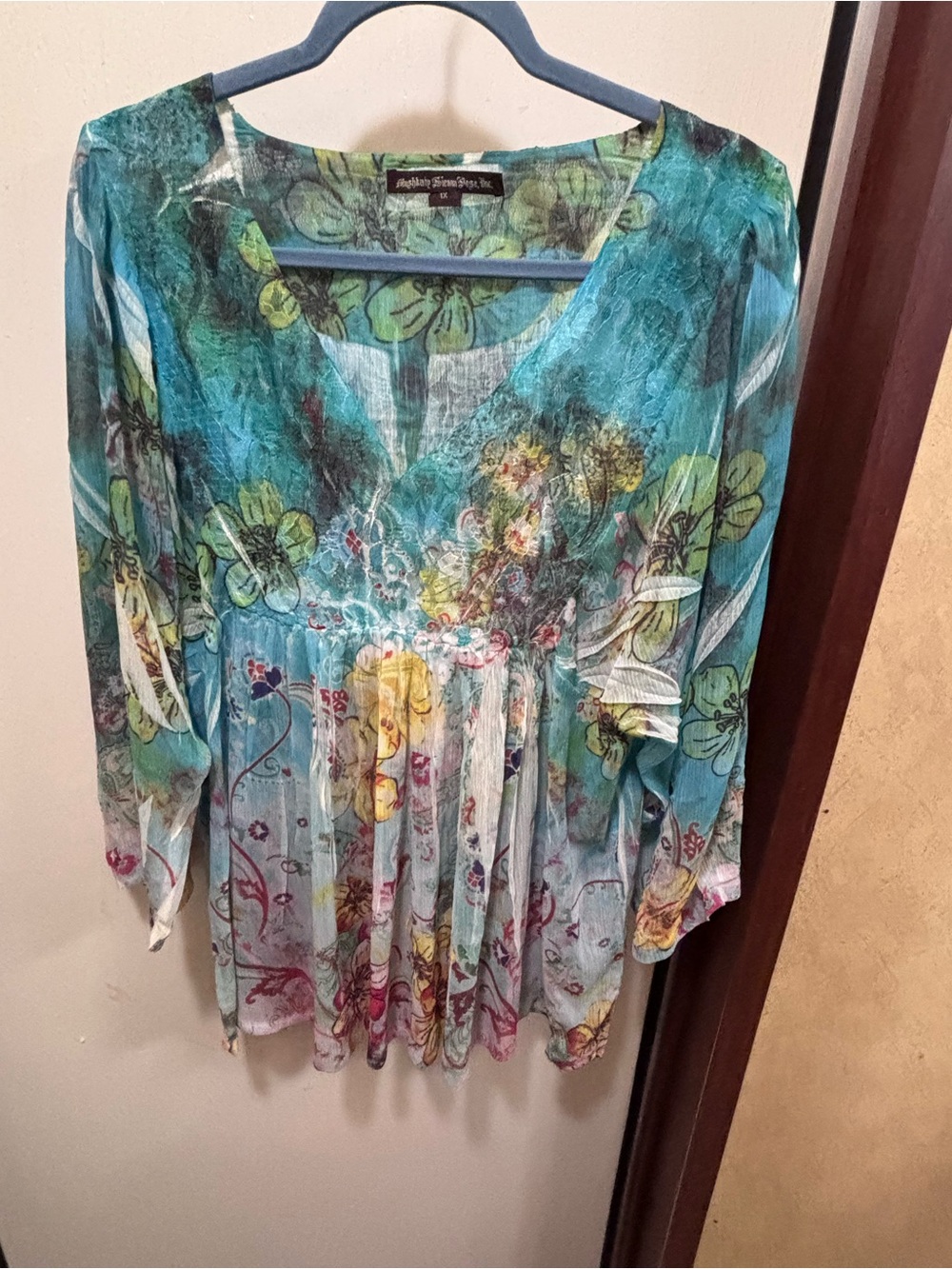 Brighton Sleeves Printed V-Neck Tunic Top - Teal Multi